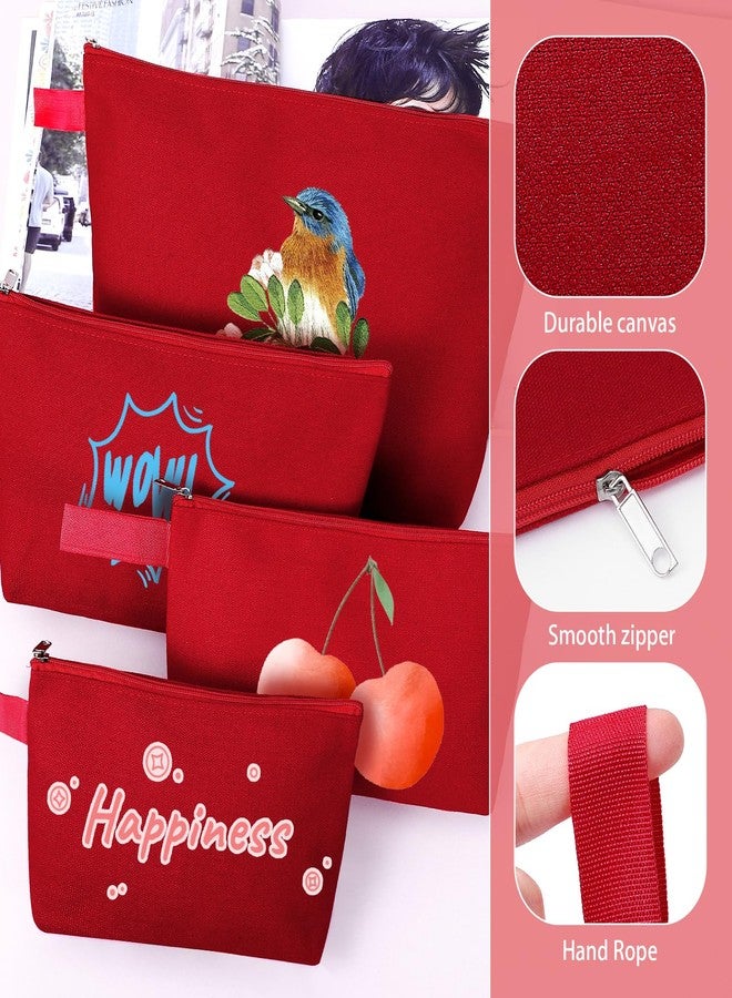 Sinzip 10 Pieces Cotton Canvas Makeup Bag with Bottom and Strap, Multi-Purpose Cosmetic Bag with Zipper Travel Toiletry Pouch, Blank DIY Craft Bag (Red, S) - Image 2